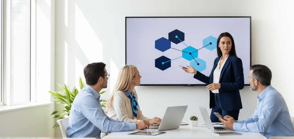 Digital Workplace Consulting: Team im Meetingraum plant Microsoft 365 Governance und Roadmap am Bildschirm